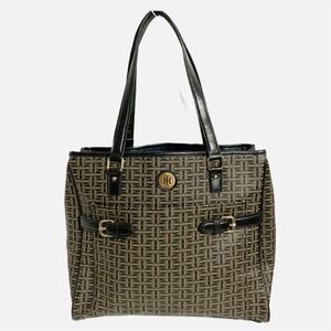 Tommy Hilfiger Faux Leather Fully Lined Monogram Double Handle Shoulder Bag Tote